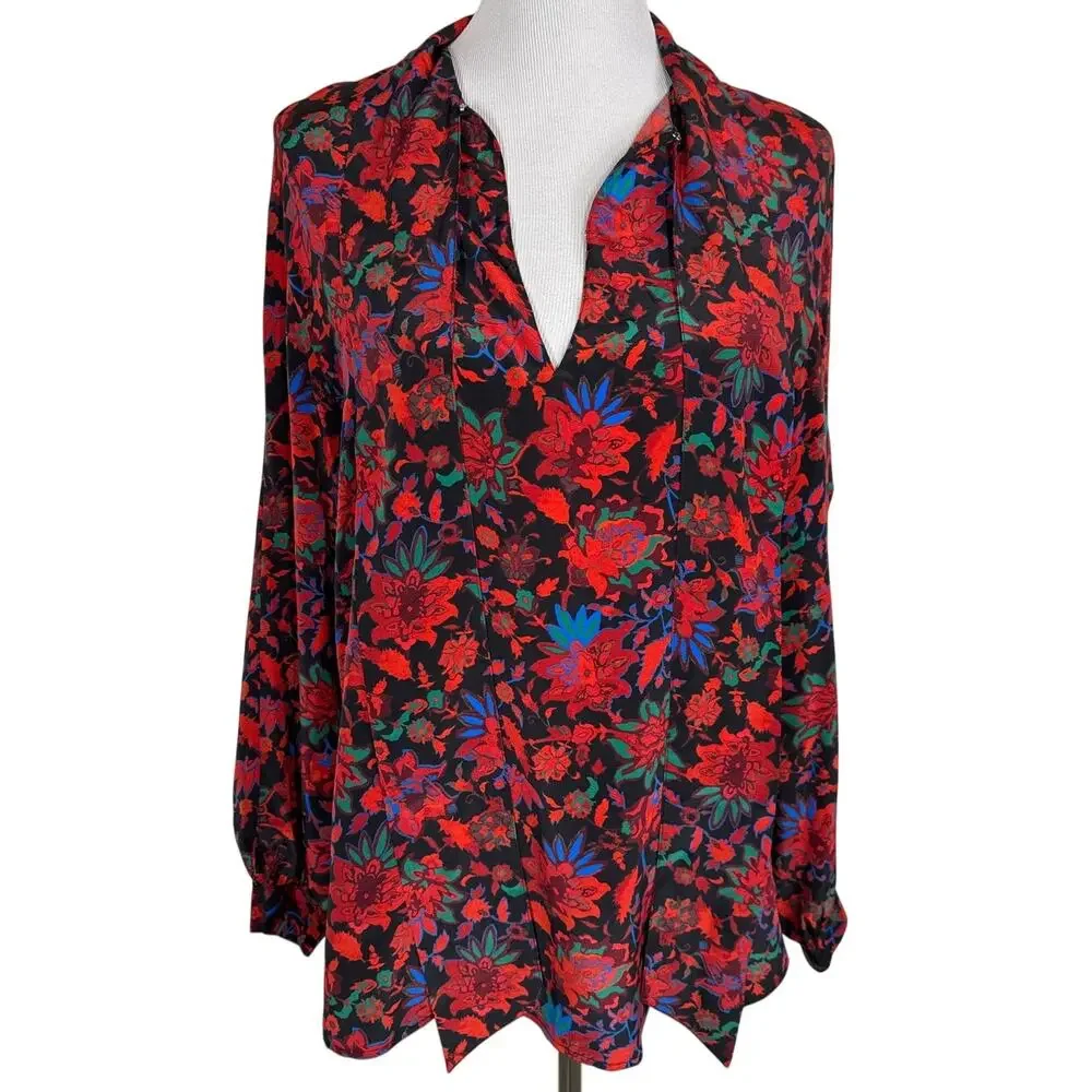Rag & Bone Emily Floral Long Sleeve Tie‑Neck Silk Top, Size M - Picture 5 of 12